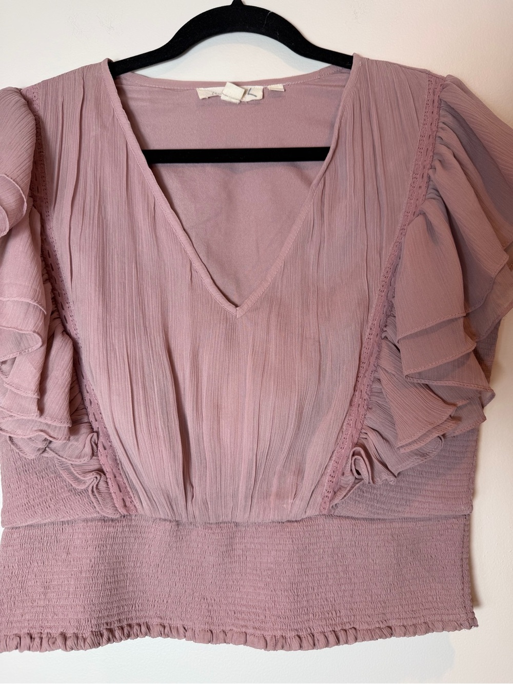 Anthropologie Forever That Girl Pink Smocked Ruffle Blouse V-Neck Size Small - Picture 3 of 9